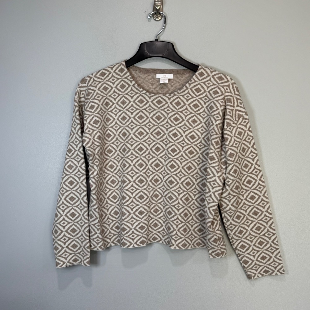 H Halston Womens XL‎ Tan Cream Geometric Diamond Crew Neck Long Sleeve Sweater